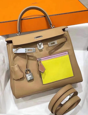 Hermes Kelly 25 Colormatic Chai / Lime / Mauve Sylvestre / Bleu Brum Swift Palladium hardware