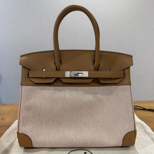 Hermes Birkin 30 Biscuit Swift & Ecru Toile Palladium hardware