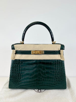 Hermes Kelly 28 Vert Cypress matte Alligator Gold hardware