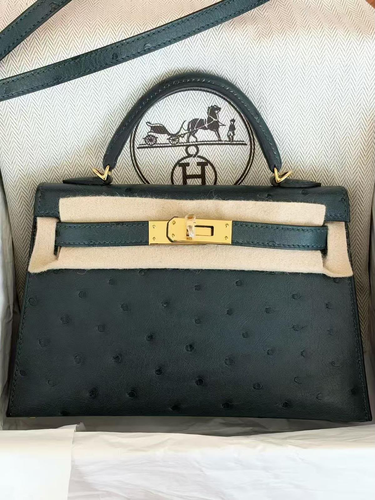 Hermes Mini Kelly 20 Vert Amande Ostrich Gold hardware
