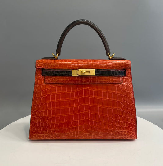 Hermès Kelly 28 Hss Sanguine X Ebene Shiny Niloticus Brushed Gold Hardware