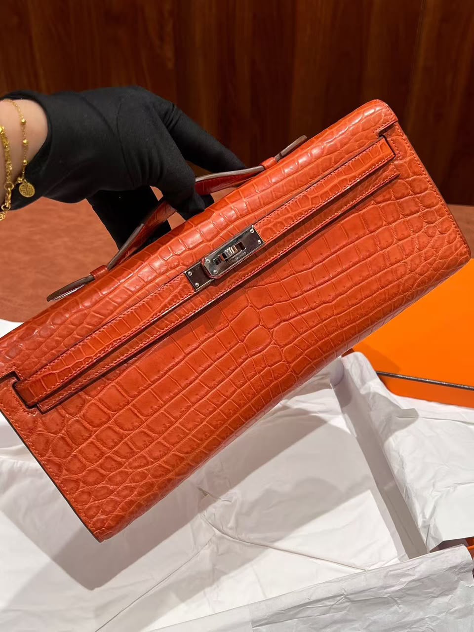 Hermes Kelly cut Feu Matte Porosus Palladium