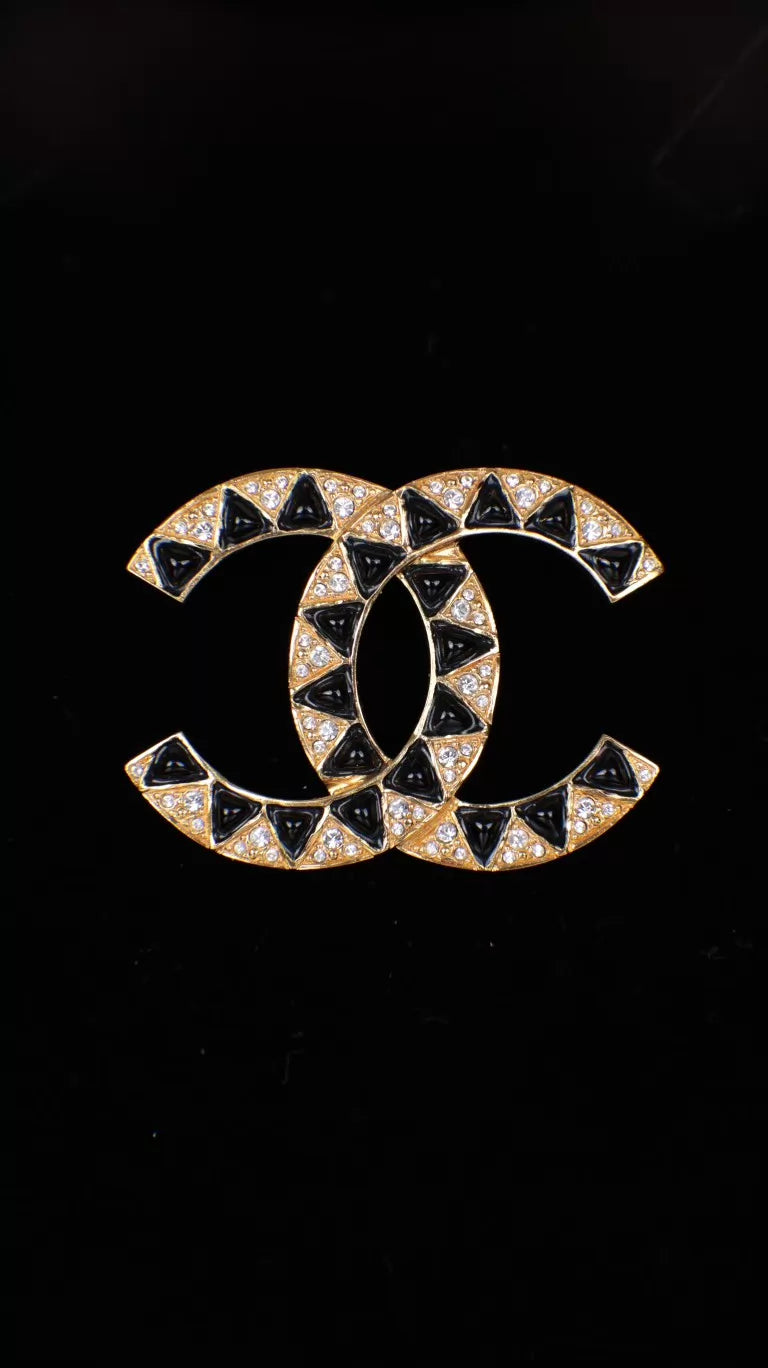 Chanel 19 Black Gold CC Rhinestone Brooch