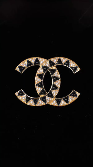Chanel 19 Black Gold CC Rhinestone Brooch