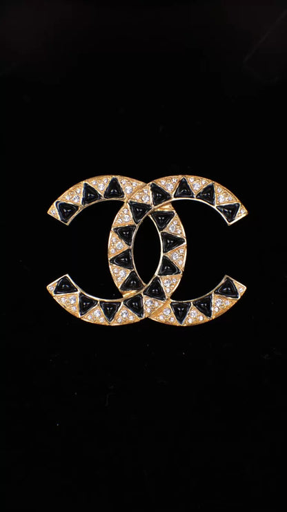 Chanel 19 Black Gold CC Rhinestone Brooch