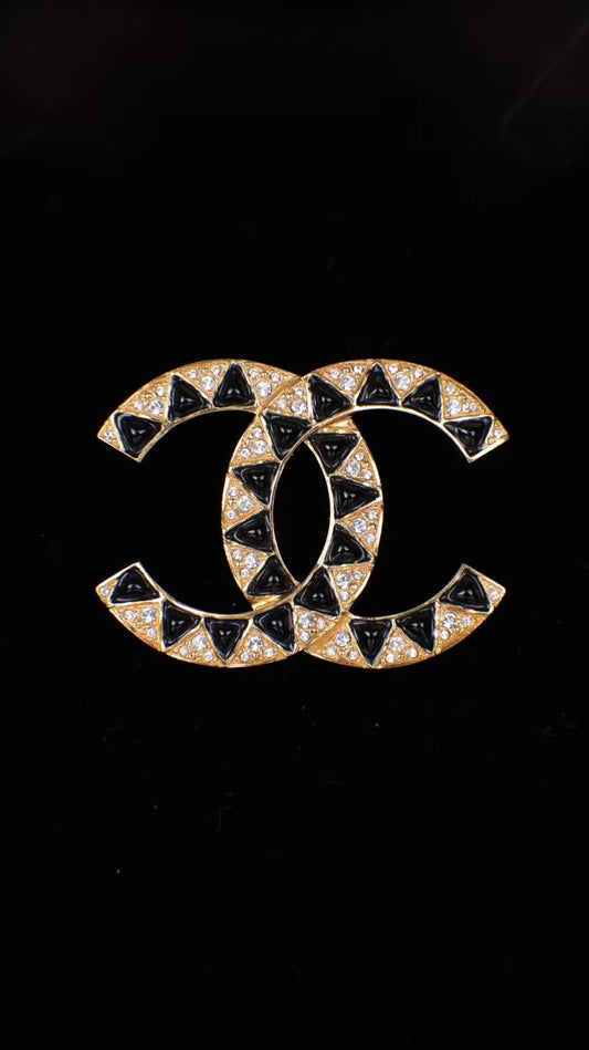 Chanel 19 Black Gold CC Rhinestone Brooch