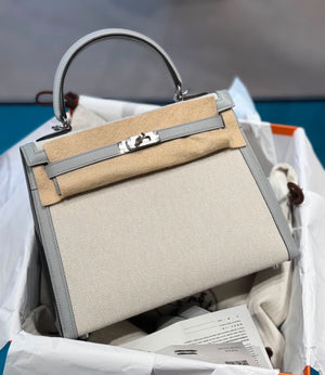 Hermes Kelly 25 Gris Pantin Swift & Ecru Toile Palladium hardware