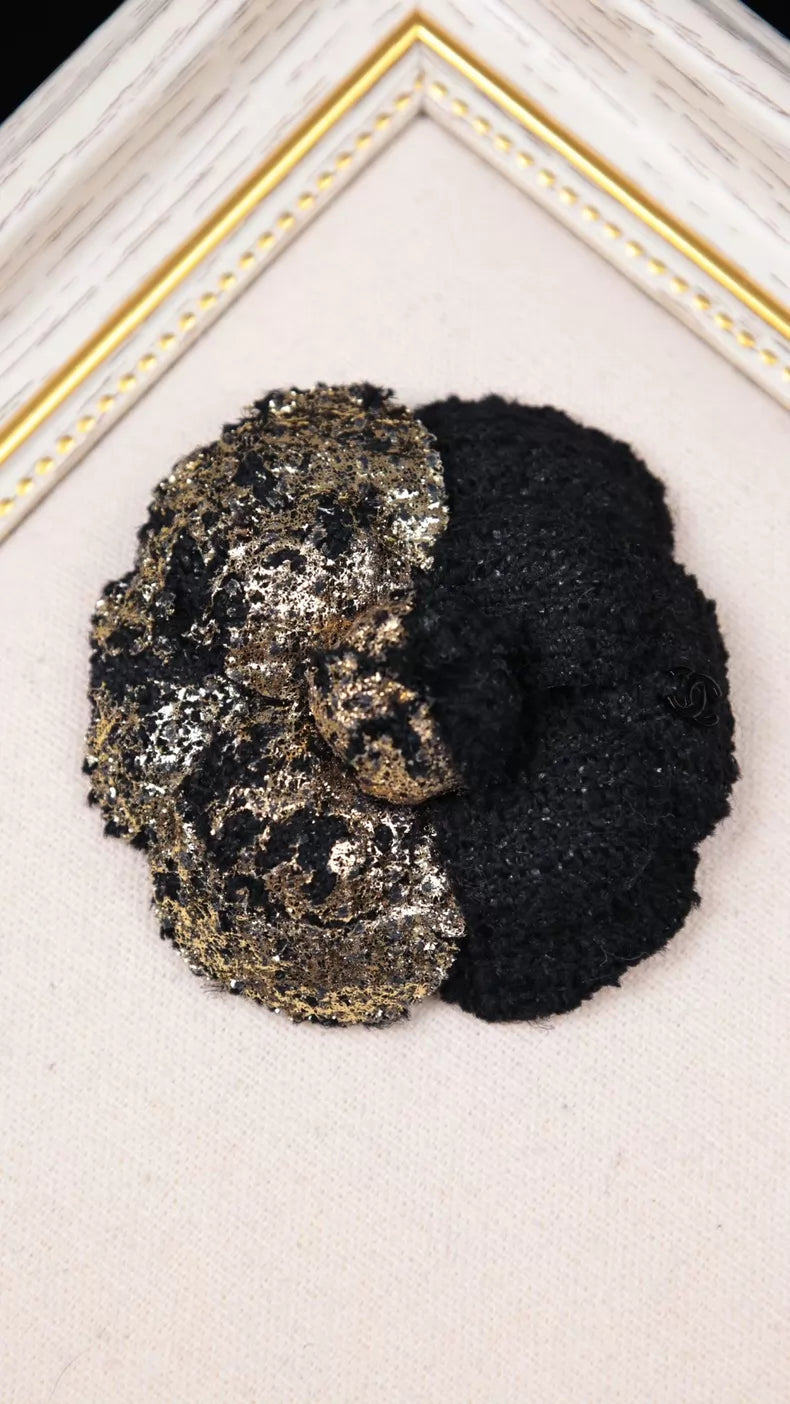 Chanel 17 Black and Gold Tweed Camellia Brooch