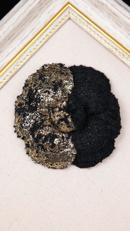 Chanel 17 Black and Gold Tweed Camellia Brooch