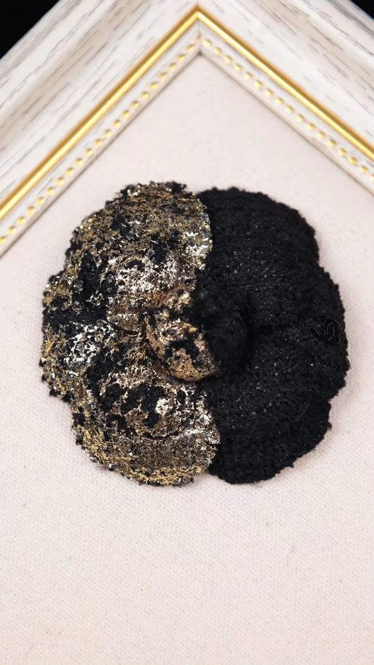 Chanel 17 Black and Gold Tweed Camellia Brooch