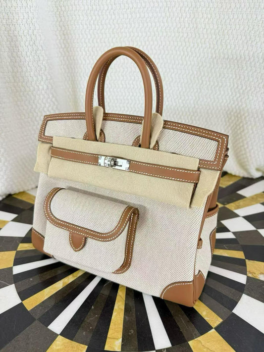 Hermes Birkin 25 Cargo Gold Swift & Ecru Toile palladium hardware