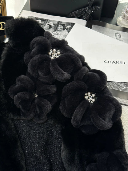 Chanel 25K camellia flowers black tweed coat