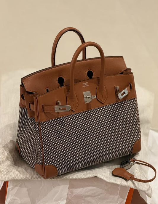 Hermes Birkin 25 Gold Swift & Toile Quadrille Palladium hardware
