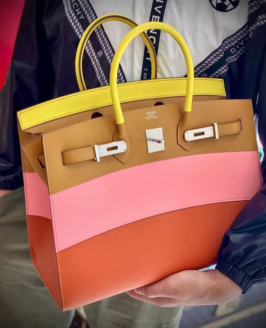 Hermes Birkin 35 Rainbow Sunrise Lime / Rose Confetti / Sesame / Terre Battue Epsom Palladium hardware