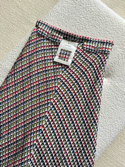 Chanel 25C Colorful Mosaic Check Woven Midi Skirt