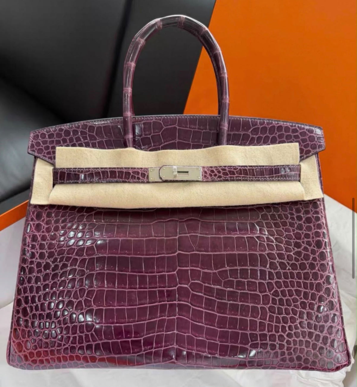 Hermes Birkin 35 Raisin Shiny Porosus Palladium hardware
