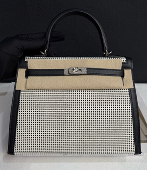 Hermes Kelly 25 toile quadrille in black palladium hardware