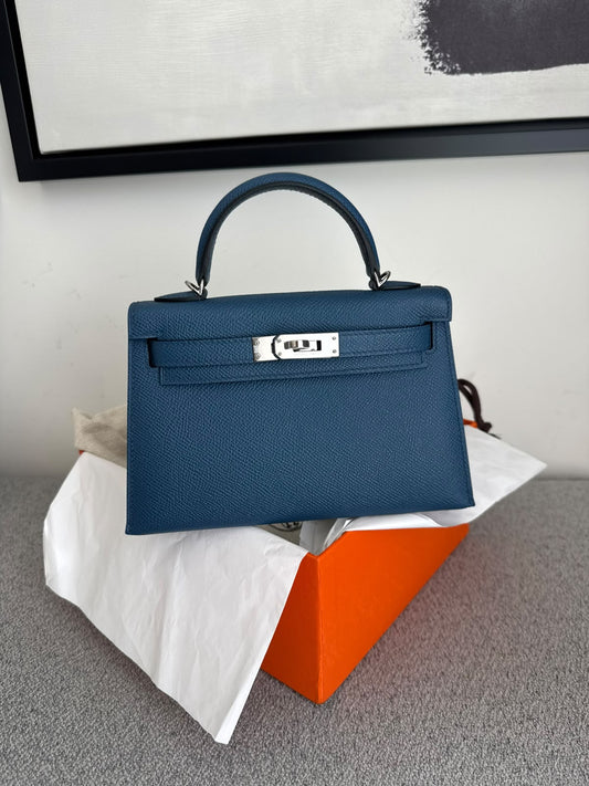 Hermes Mini Kelly 20 Bleu Navy Epsom Palladium hardware