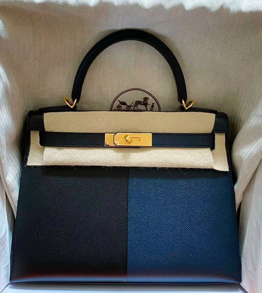 Hermes Kelly 28 Casque Black/ Bleu Indigo/ Blue Frida Epsom Gold hardware