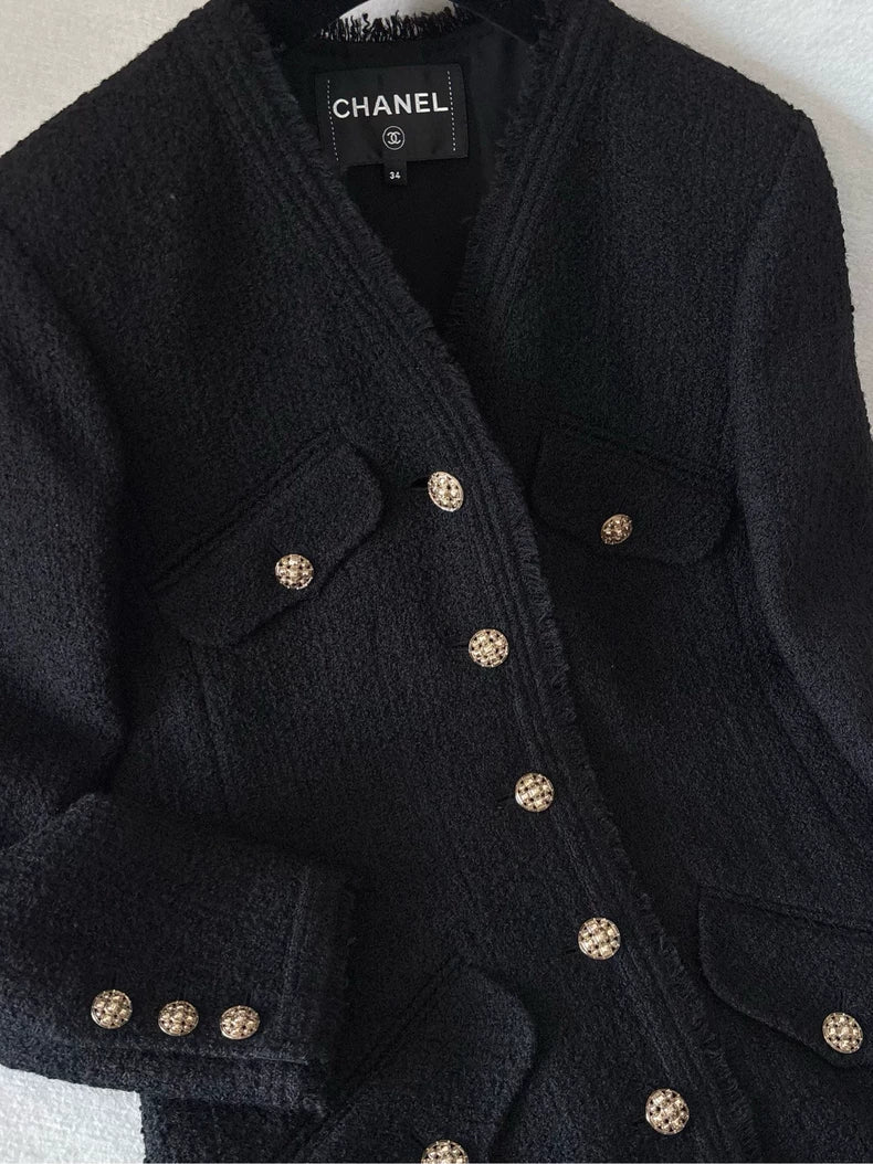 Chanel 20A Black Tweed Mid-Length Coat