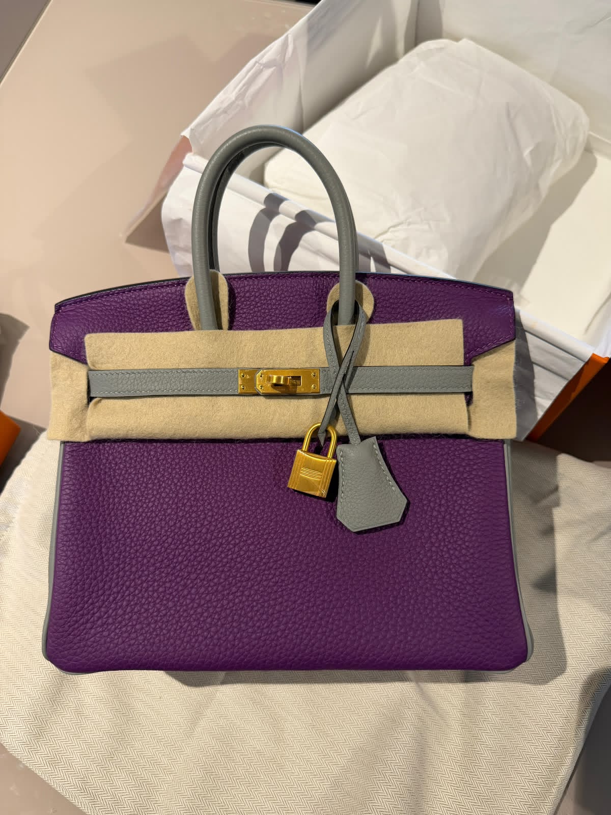 Hermes Birkin 25 HSS Anemone / Gris Mouette Togo Brushed gold hardware