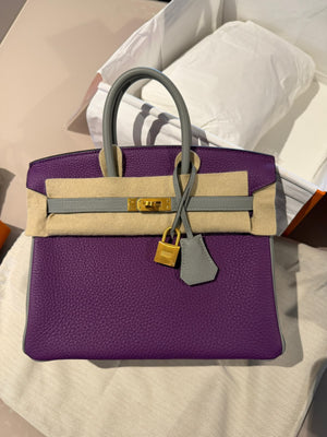 Hermes Birkin 25 HSS Anemone / Gris Mouette Togo Brushed gold hardware