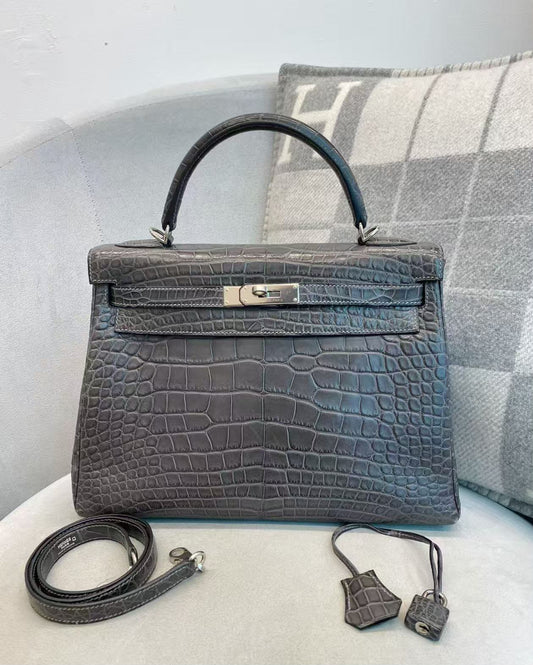 Hermes Kelly 32 graphite matte alligator Palladium hardware