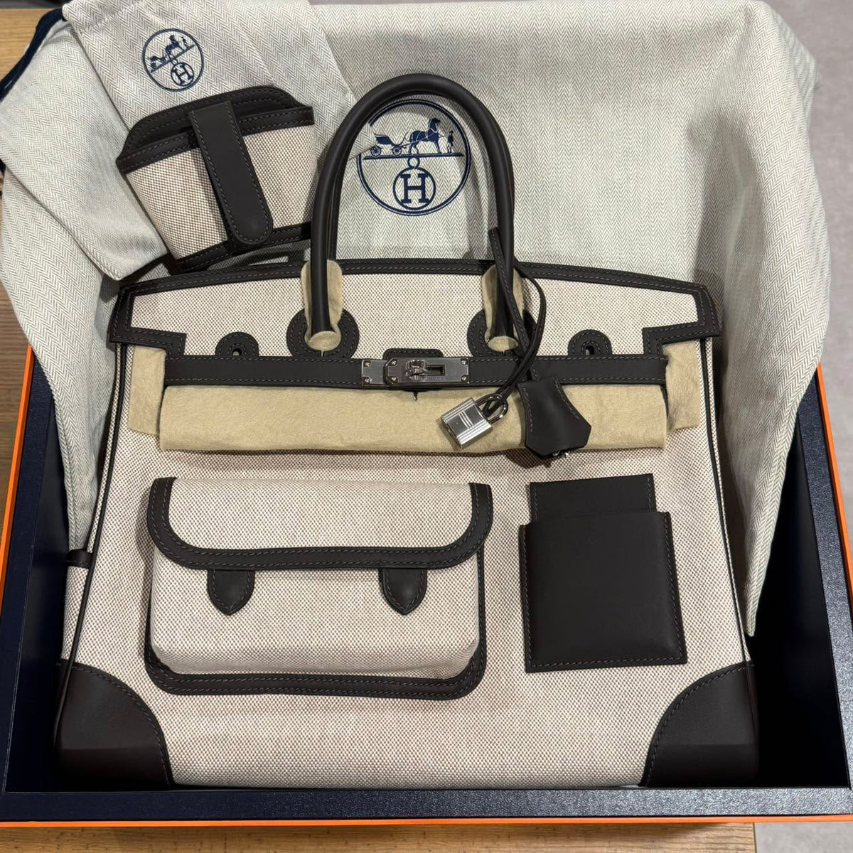 Hermes Burkin 35 Bai Brun Swift & Ecru Toile Palladium hardware