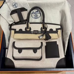 Hermes Burkin 35 Bai Brun Swift & Ecru Toile Palladium hardware