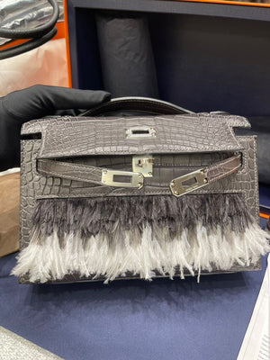 Hermes Kelly pochette Horizon Graphite Matte Alligator & Grey/White Feather palladium hardware