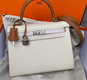 Hermes Kelly 25 Tricolor Craie / Mauve Pale / Gold Epsom Palladium hardware