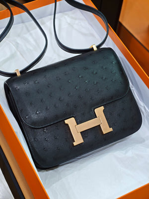 Hermes Constance 18 Black Ostrich Rose gold hardware