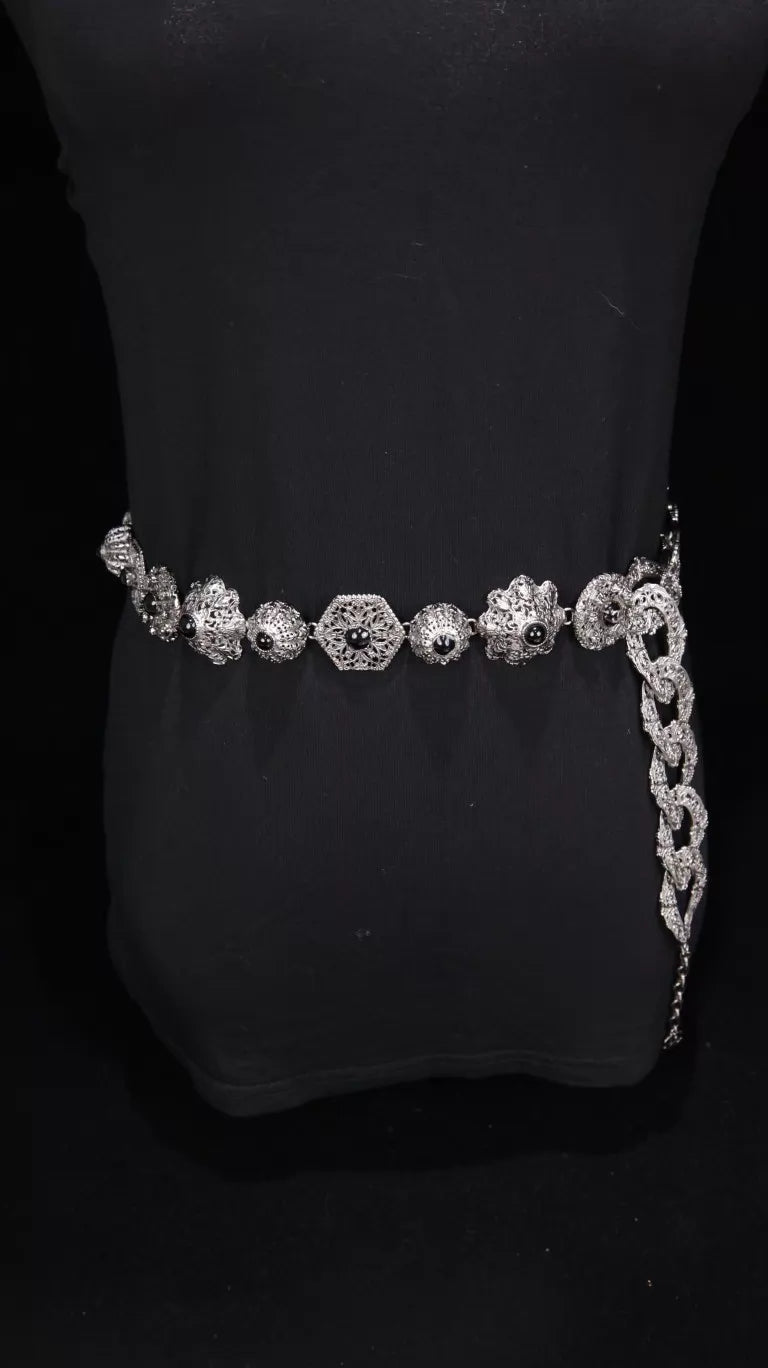 Chanel 08 Black and Silver Carved Glass Necklace/ Waist chain
