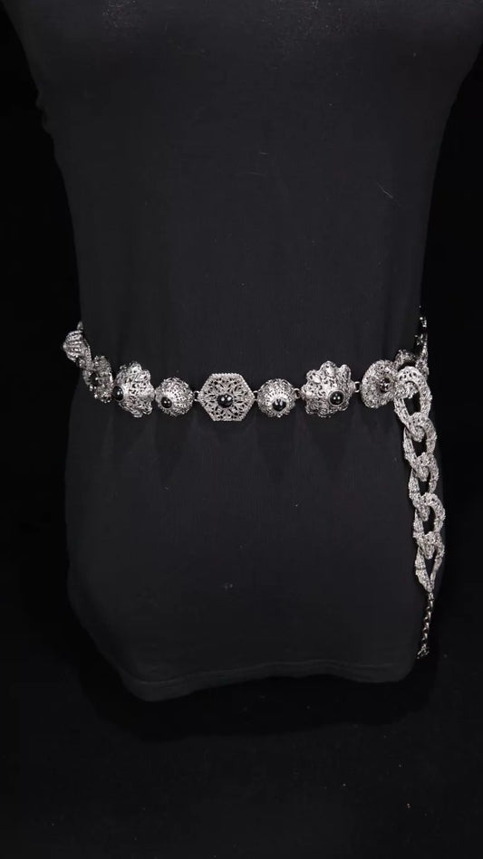 Chanel 08 Black and Silver Carved Glass Necklace/ Waist chain