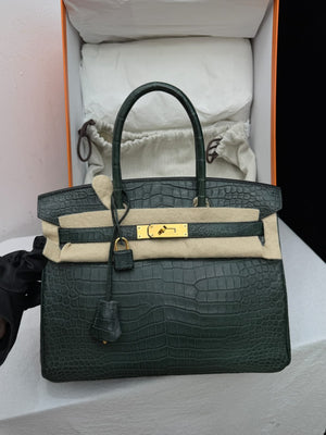 Hermes Birkin 30 Vert Fonce Matte Alligator Gold hardware