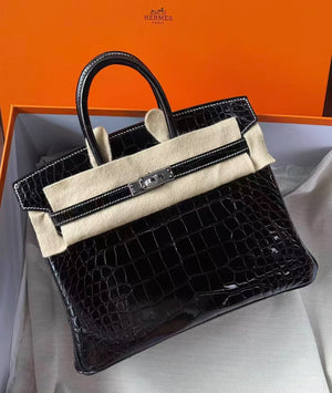 Hermes Birkin 25 HSS black shiny alligator phw nata interior