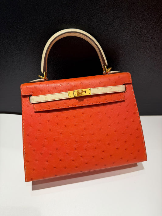 Hermes Kelly 25 HSS feu x nata ostrich brushed gold hardware