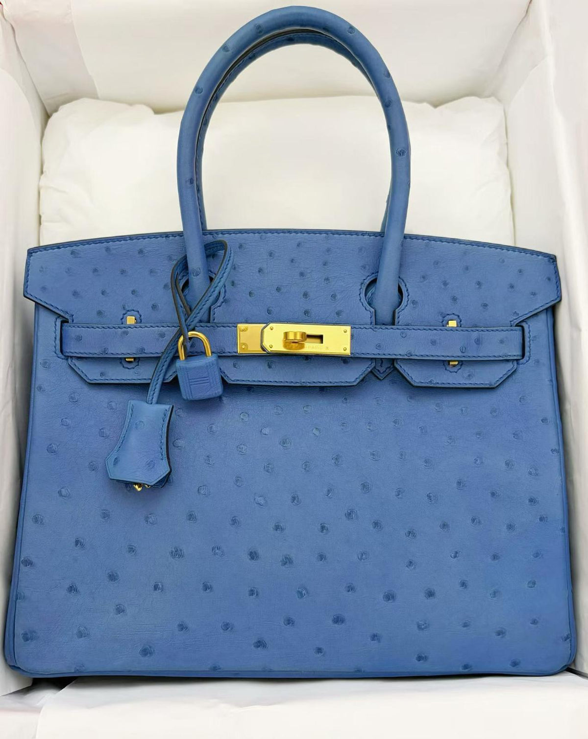 Hermes Birkin 30 blue Mykonos ostrich gold hardware