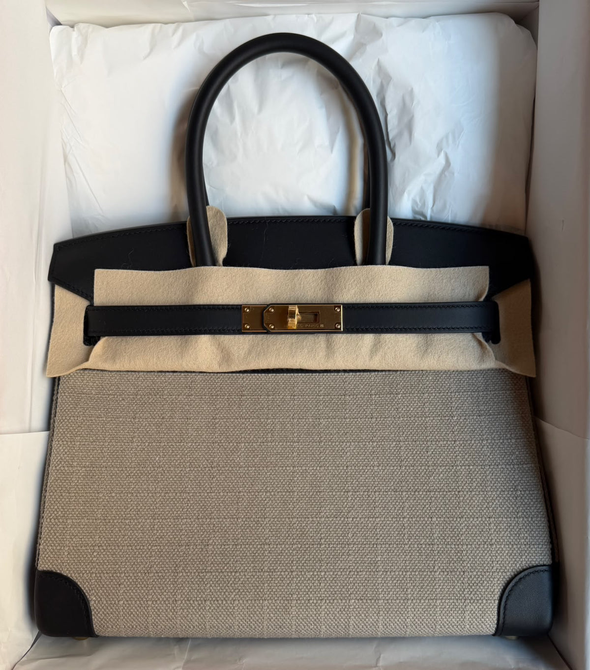 Hermes Birkin 30 Ficelle Maxi Bivouac Canvas & Noir Swift gold hardware