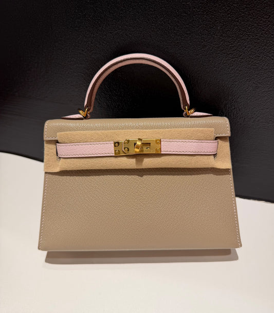 Hermes mini Kelly 20 HSS Gris T x rose Sakura chevre mysore Gold hardware