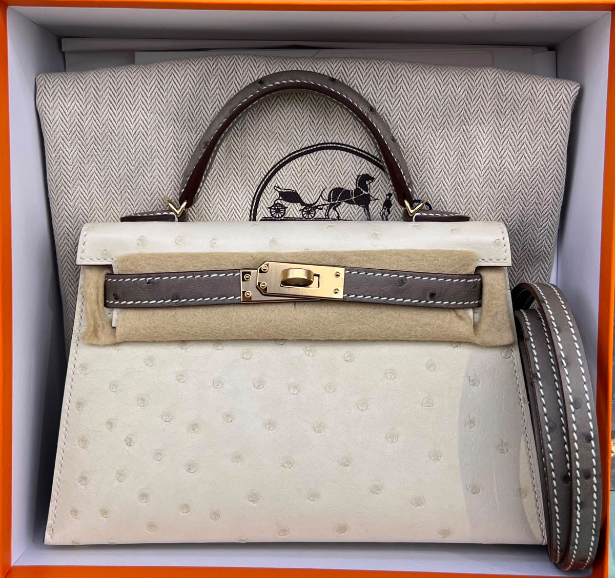 Hermes Mini Kelly 20 Hss Parchemin/ Gris Tourterelle Ostrich Permabrass hardware
