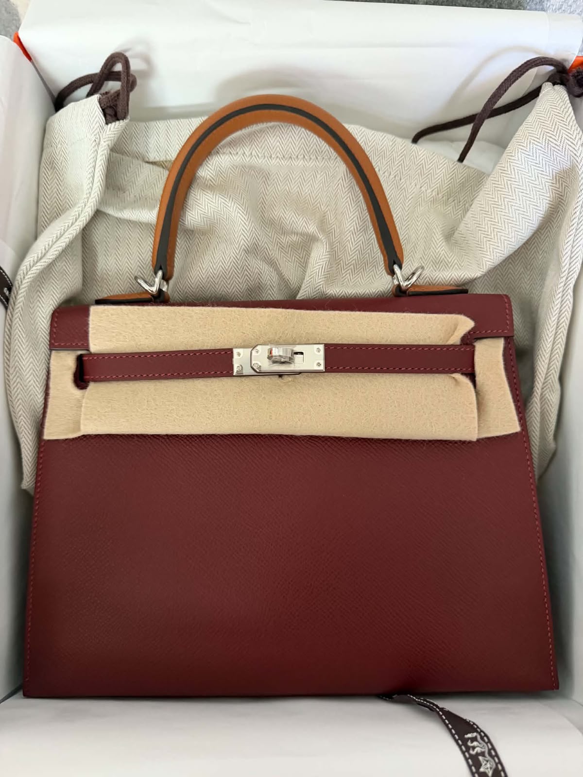 Hermes Kelly 25 Tricolor Rouge H / Gold / Bai Brun Epsom Palladium hardware