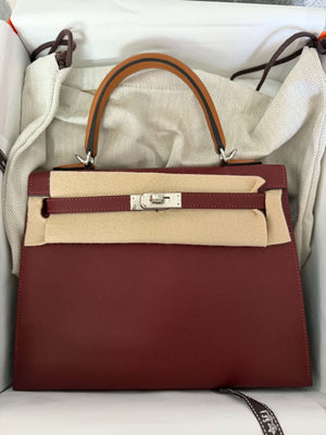 Hermes Kelly 25 Tricolor Rouge H / Gold / Bai Brun Epsom Palladium hardware