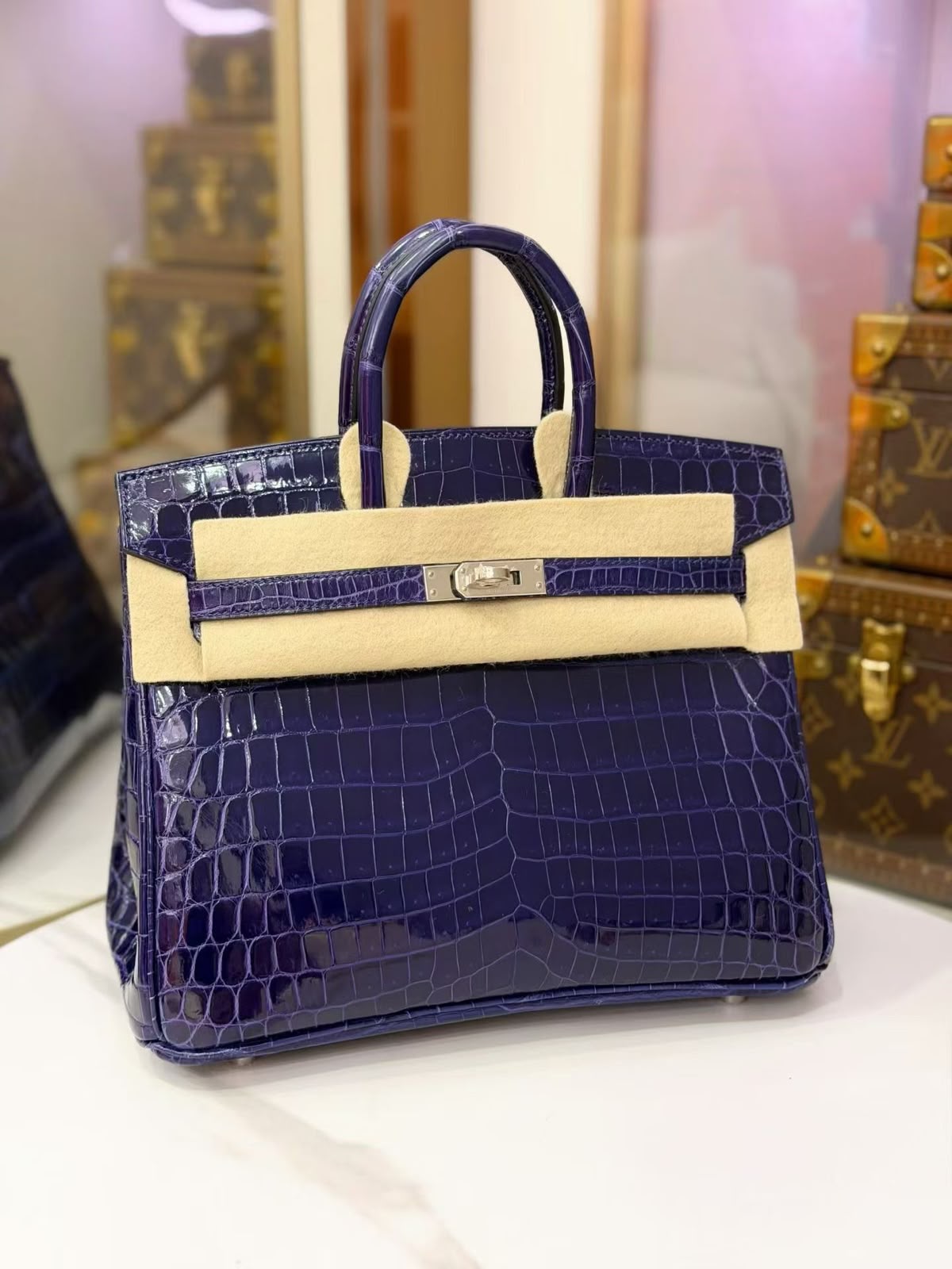 Hermes Birkin 25 Bleu Encre Shiny Niloticus Palladium hardware