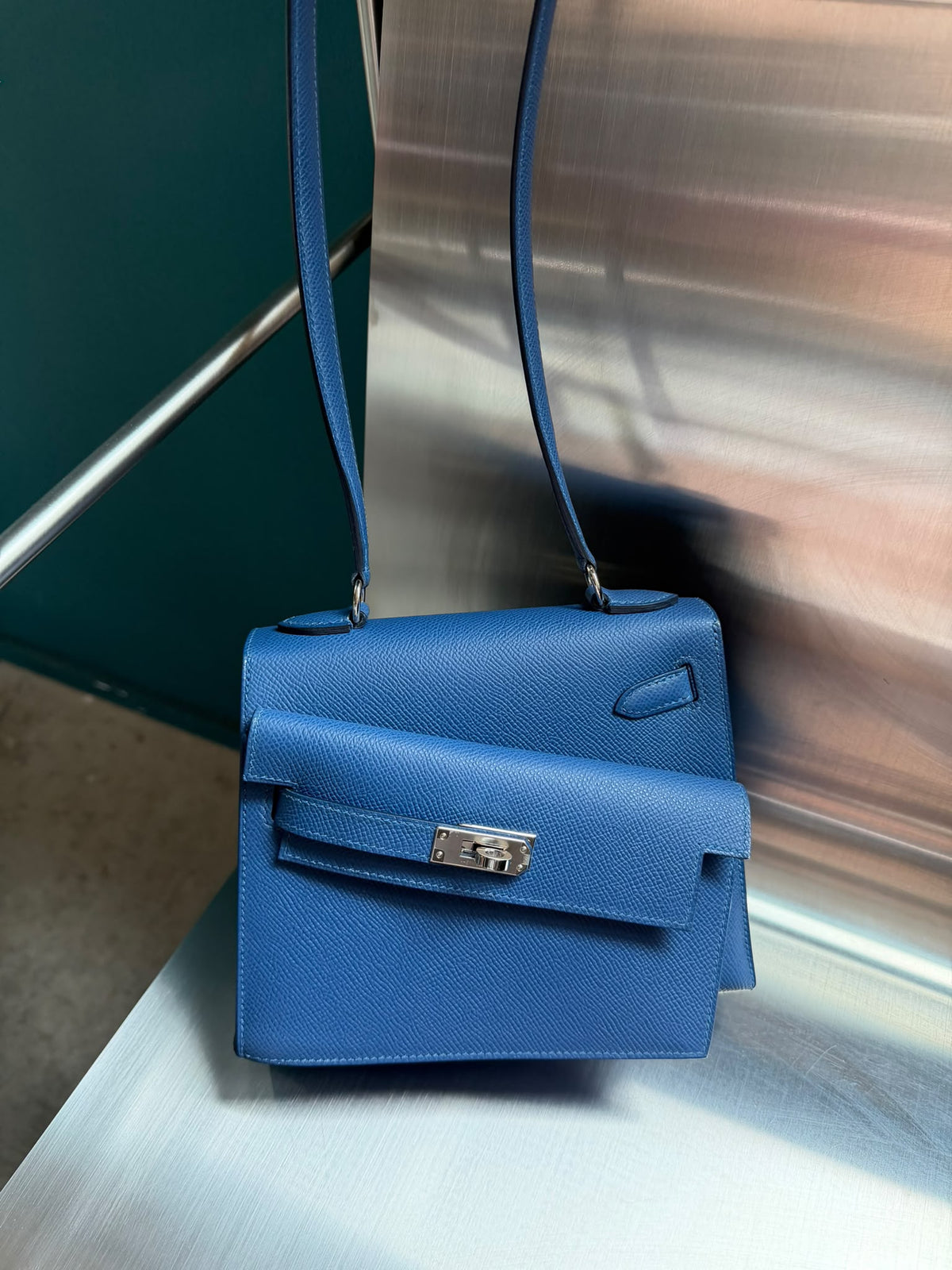 Hermes Kelly desordre blue tie Epsom palladium hardware