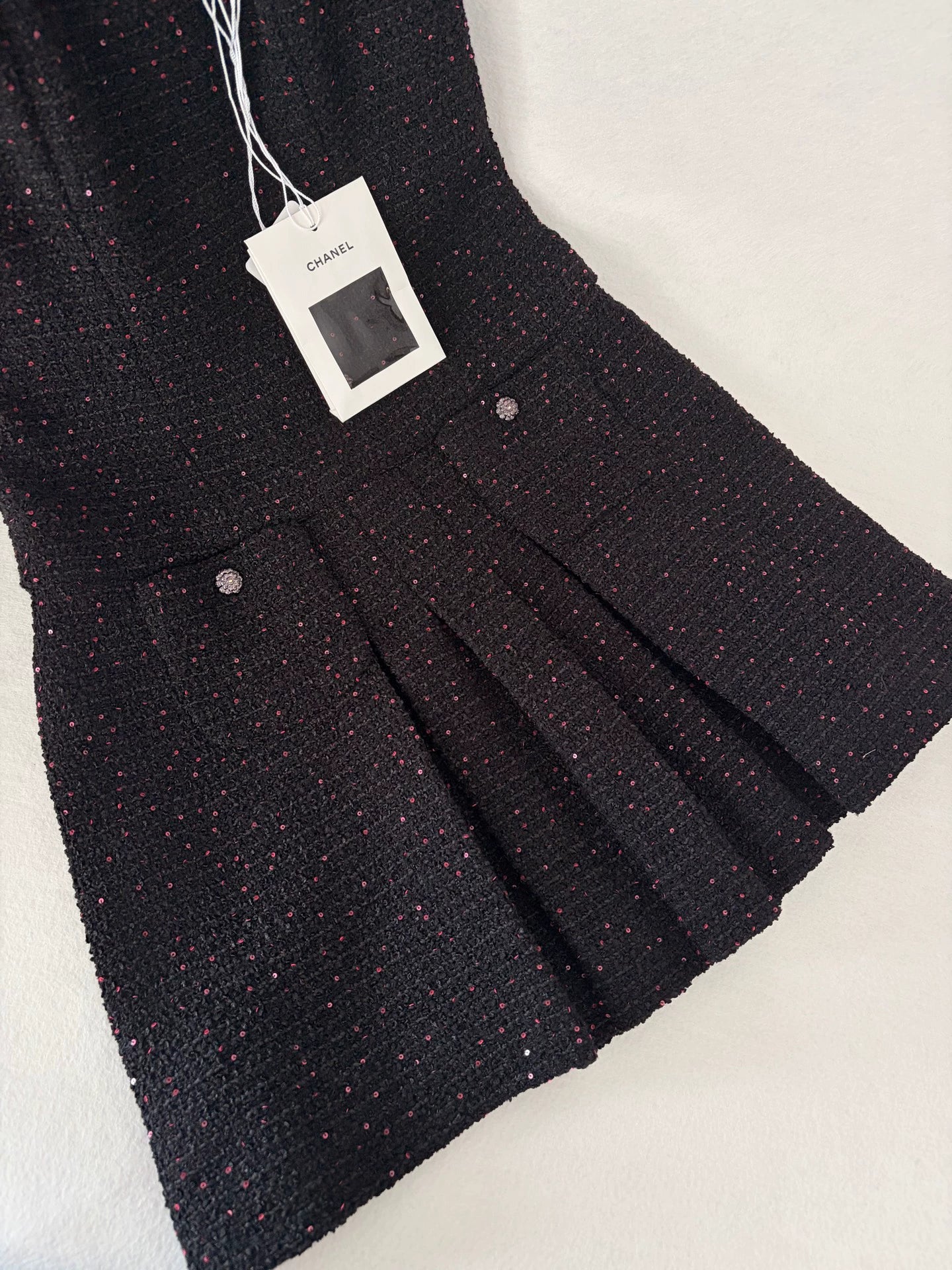Chanel 25a Black Tweed Rose Sequined Slip Dress