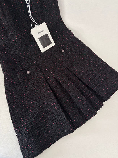 Chanel 25a Black Tweed Rose Sequined Slip Dress