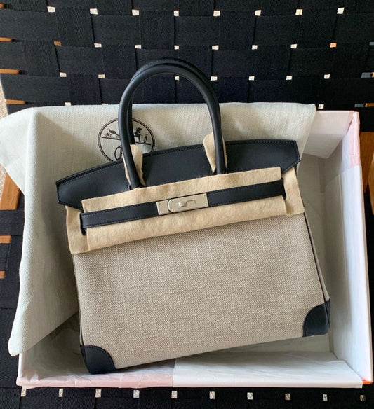 Hermes Birkin 30 Black Swift & Ecru Toile Palladium hardware