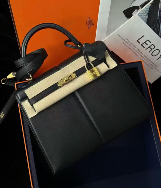 Hermes Kelly 25 Padded Black Swift gold hardware