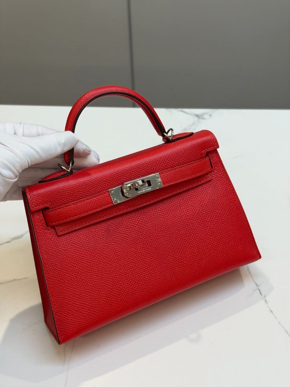 Hermes Mini Kelly 20 Rouge Casaque Epsom Palladium hardware